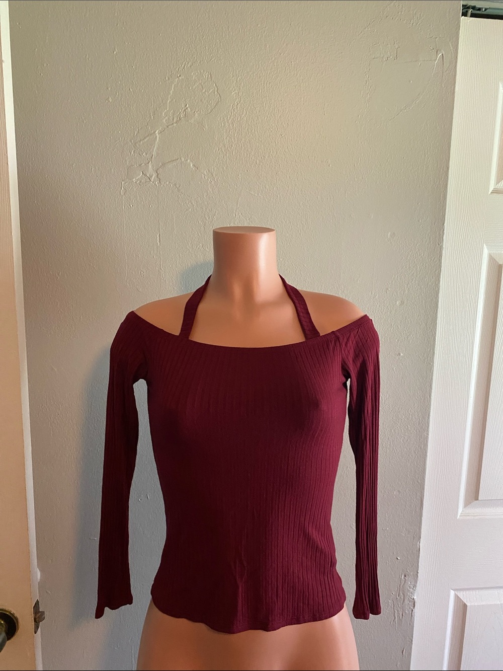 Forever 21 Off-Shoulder Ribbed Long Sleeve Top - Burgundy